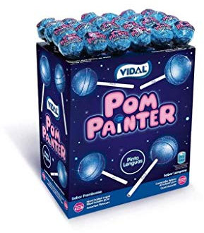 Vidal Golosinas Pompainter. Caramelo con palo color azul brillante y sabor frambuesa ácida. Estuche de 100 uds.