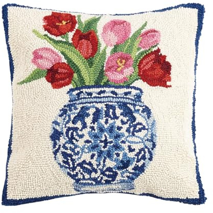 Peking Handicraft 30SER515AC16SQ Chinoiserie Vase Tulips Hook Pillow, 100% polyester fiber