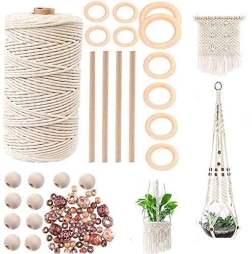 TOKERD 100m Kit Cordel de Macramé con 3mm Cordón Algodón, Anillos Madera, Cuentas y Palos, Natural Mano Craft Cuerda Hilo Macramé para Manualidades Envolver Regalo Navidad Colgar Fotos Costura