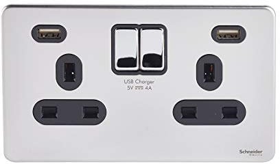 Schneider Electric Ultimate Screwless Flat Plate - Switched Double Power Socket, with USB Charging Ports, 13A, GGBGU3424DBPC, Polished Chrome with Black Insert