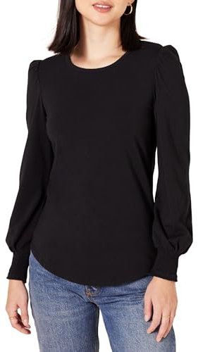 Amazon Essentials Women's Long-Sleeve Crewneck Smocked Cuff T-Shirt, Black, M