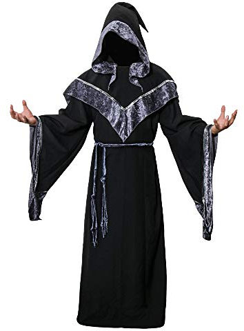 AMNPOLEN Herren Mittelalterlicher dunkler mystischer Zauberer-Robe, Halloween-Kostüm, Kapuzenumhang, Cosplay, Umhang (klein)