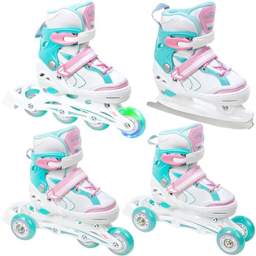 RAVEN 4in1 Inline Skates Triskates Rollschuhe Schlittschuhe Inliner für Kinder Mädchen verstellbar (Lia Mint, 34-37 (21,5cm-24cm))