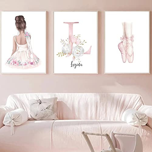 Youihom 3 Bilder Kinderzimmer Mädchen Rosa Poster Name Baby Ballerina Bilder Set 30x40 Personalisierte Wandbilder Baby Zimmer Kunstdruck auf Leinwand Kinder Deko Wand Mädchen Geschenk ohne Rahmen