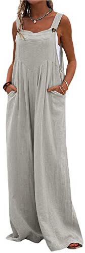 YILEEGOO Cotton Linen Dungarees for Women, Ladies Casual Overalls Baggy Wide Leg Pants Jumpsuit Playsuit (A-Grey, XX-Large)