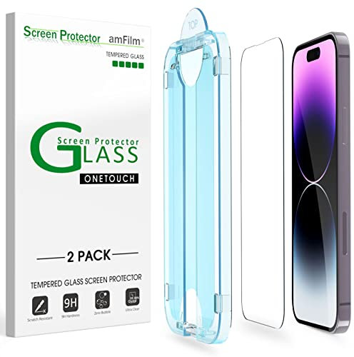 amFilm 2 Pack OneTouch Glass Screen Protector Compatible for iPhone 14 Pro 6.1 Inch
