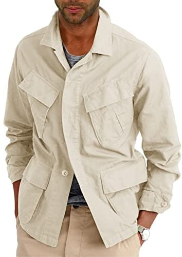 Runcati Mens Lightweight Safari Jacket Button Up Cotton Outdoor Military Cargo Long Sleeve Outwear