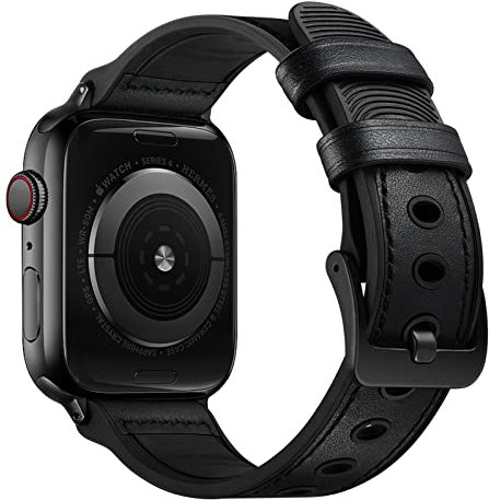 Kompatibel mit Apple Watch Band 49 mm 45 mm 44 mm 42 mm 41 mm 40 mm 38 mm, echtes Leder, schweißfestes Silikon-Hybrid-Ersatzband für iWatch Series Ultra 8 7 6 5 4 3 2 1 SE,Black,42/44/45/49mm