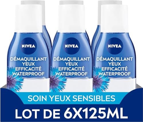NIVEA - Démaquillant Yeux - Efficacité Waterproof - Soin Contour Des Yeux & Cils - Apaise & Nettoie En Douceur - Bleuet & Eau Purifiée - Formule Biphase - Vegan - Tous Types De Peaux - Lot 6 x 125 ml