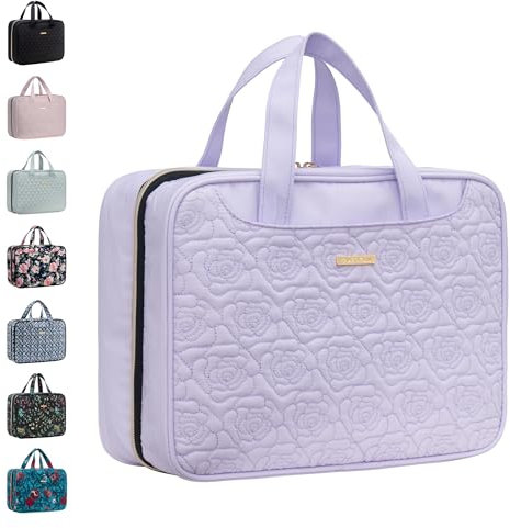 EVERFUN Hängende Reise-Kulturtasche für Frauen, große Make-up-Kosmetiktasche mit 4 Fächern, wasserabweisend, vollständig geöffnet, Handgepäck-Dopp Kit für Reisezubehör (Violett, Groß)