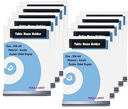 TUKA 10er Tischaufsteller A4 Hochformat mit Sockelboden, Acryl Werbeaufsteller Tischständer Doppelseitiges Display, Flyer Aufsteller, Menükartenhalter, Glasklar Acrylglas T-Ständer, TKD8205-A4-10x