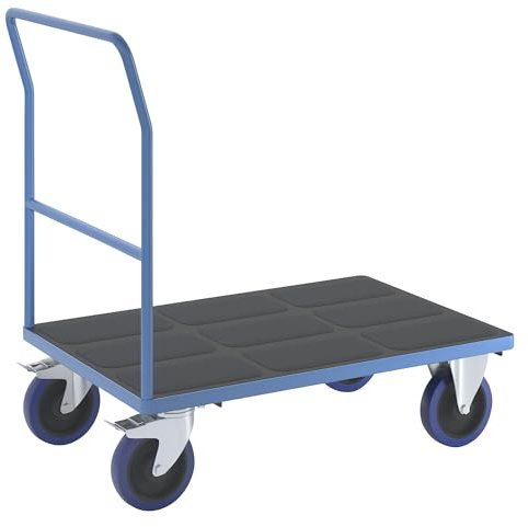 eurokraft pro | Plattformwagen mit Rohrschiebebügel | Vollelastik-Rollen, lichtblau, Ladeflächen-LxB 1050 x 700 mm