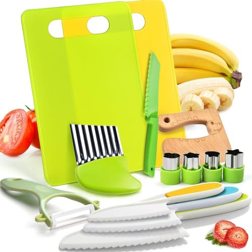 Owyee Wooden Kids Kitchen Knifes-Toddler Safe Knives Set, Montessori Kitchen Tools Set for Real Cooking with Plastic Knives/Crinkle Cutter/Kids Cutting Board/Y-Peeler (13pcs)