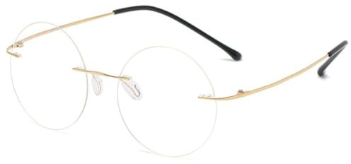 MAGIMODAC Runde Lesebrille Damen Herren Randlos Blaulichtfilter Brille Titan Computerbrille lesehilfe Sehhilfe mit Sehstärke Golden 1.50