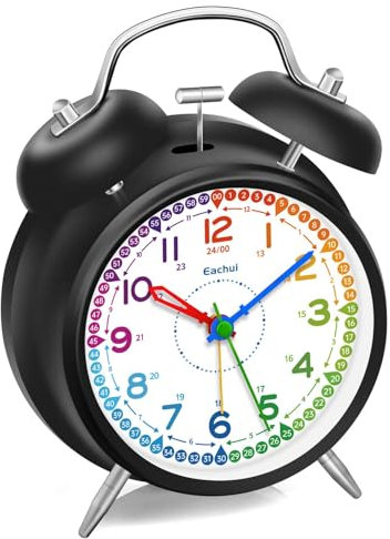Eachui Analoger Wecker für Kinder, Doppelglockenwecker ohne Ticken mit lautem Alarm, Nachtlicht und großem klarem Zifferblatt (Schwarz)