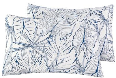 SUSYBAO Pillowcases Set of 2 King 100% Cotton Blue Tropical Pillow Cases with Envelope Closure White Monstera Leaves Pattern Bed Pillow Covers Plant Print Pillow Encasement (2 Pack, 20 in x 36 in)