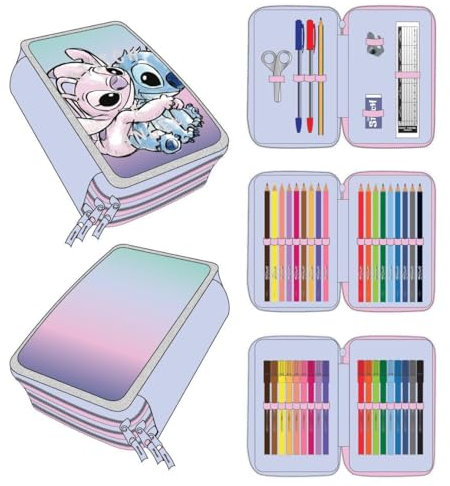 CERDÁ LIFE'S LITTLE MOMENTS Estuche de 3 Compartimentos de Stitch - Color Lila - 12,5 x 6,5 x 19,5 cm - Cierre de Cremallera - Incluye Accesorios