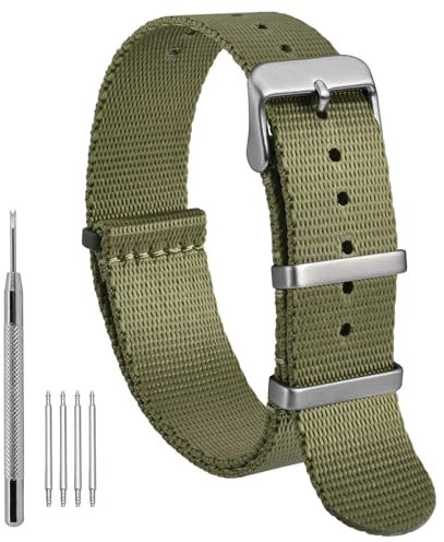 WOCCI 18mm Militär Nylon Uhrenarmband, Einteiliges Nylon Armband für Damen und Herren, Silberne Schnalle (Armeegrün)
