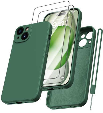 Kukiwhy für iPhone 15 Hülle Silikon mit 2 Stück Panzerfolie, Hanyhülle für iPhone 15 5G Dünn Slim mit Microfiber, Kratzfeste stoßfeste Rundumschutz Schutzhülle für iPhone 15 Case 6.1'' Grün