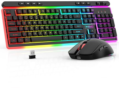 7KEYS Wireless Keyboard and Mouse Combo Mechanical Feel, Cool RGB Backlight, Rechargeable Full Size Keyboard Multimedia, Ergonomic Keyboard, Light up Gaming Mouse with 3200 DPI for PC/Laptop Office