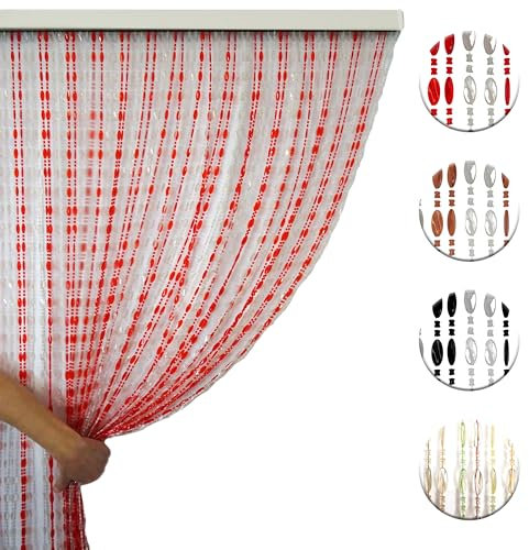 Tenda Antimosche a Perline Bicolore con Fili Alternati, Moschiera a Pannello Ombreggiante Divisoria per Porta Finestra Ingresso Balcone Giardino con Kit Ganci - Trasp/Rosso, 140x230