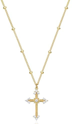 Jenosy Kette Damen Gold Kreuz Kette mit Cubic Zirkonia Personalisierte Kette mit Kreuz Zarte Halskette mit Kreuz Anhänger Damen Hypoallergene 18K Vergoldete Kette Modeschmuck für Frauen und Mädchen