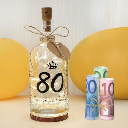 Seutgjie Deko 80 Geburtstag Frau Mann Geschenk, Geldgeschenke LED Flaschenlicht mit Spruch Stimmungslicht Glückslicht Personalisiertes Geschenk