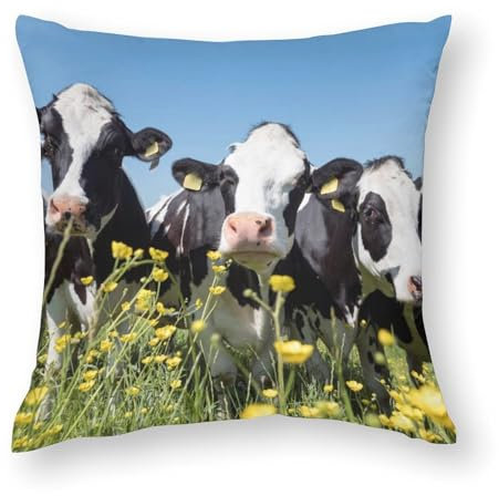 Kissenbezüge, 40 x 40 cm, schwarz-weiße Kühe nähern sich gelben Blumen, Stuhlkissen, Sofakissen, Sitzkissenbezüge, Bettkissenbezüge
