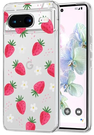 DiyGody Compatible for Google Pixel 8 Case 2023 with Cute Strawberry Flowers Pattern Crystal Clear, Slim Soft Silicone TPU Shockproof Protective Phone Cover Compatible for Pixel 8 6.2