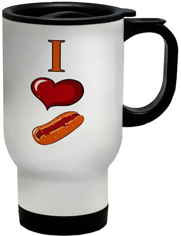 Shopagift I Love Hot Dogs Travel Mug Sausage Bun Mustard Ketchup Stainless Steel 14oz Cup