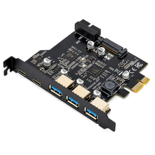 PCIe USB 3.2 Gen1 Karte, 2xUSB Typ C, 3xUSB Typ A, 5Gbps Erweiterungskarte für Desktop PC Erweiterung, PCI-Express USB Adapter, kompatibel mit Windows 7–11 & Linux