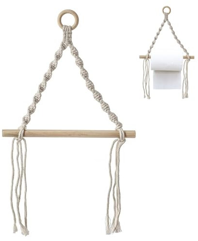 Lumeclat Porte-Serviettes en Corde et Bois, Lot de 3, Porte-Papier Toilette Sans Perçage, Support Papier Toilette à Fixation Murale, Anneau à Serviette de Salle de Bain, Accessoires de Salle de Bain
