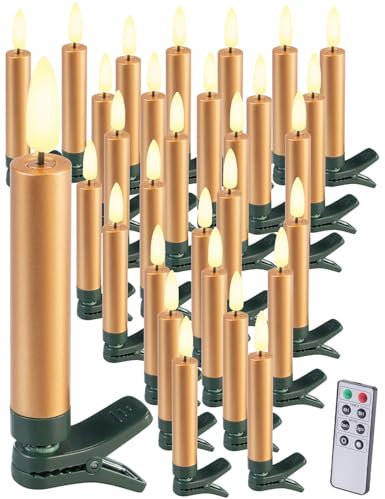 Lunartec LED Kerze: 30er-Set LED-Weihnachtsbaumkerzen mit Dochten und Flammen-Effekt, Gold (Christbaumkerzen, Weihnachtsbaumbeleuchtung, Weihnachtsbaum)