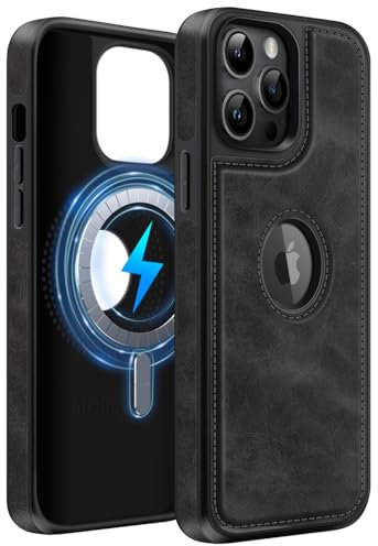 MOBESV Lederhülle mit Logo-Ansicht für iPhone 14 Pro 6,1 Zoll, Magnetisch Handyhülle kompatibel mit MagSafe, Dünn Klassische Elegant Hülle, Schwarz