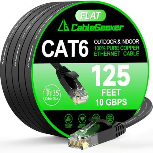 Cat 6 Ethernet Cable 125 ft, Indoor&Outdoor, High Speed 10Gbps Internet Network, Pure Copper Flat Ethernet Patch Cable Long, Computer LAN Cable with Clips & Straps for Router, Modem, PS4/5, Black