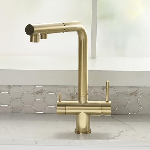 3 Wege Wasserhahn Küchenarmatur Mit Brause Ausziehbar, 360° Drehbar Küchenarmatur, Drei Wege Mischbatterie Für Wasserfilter,Trinkwasserhahn Mit 2 Hebel,drei Wege Wasserhahn (gold gebürstet)