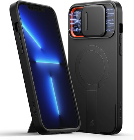 SURITCH Magnetic Case Compatible with iPhone 12 pro max/13 pro max, Shockproof Protective Cover with Slide Camera Cover and Adjustable Kickstand(Black)