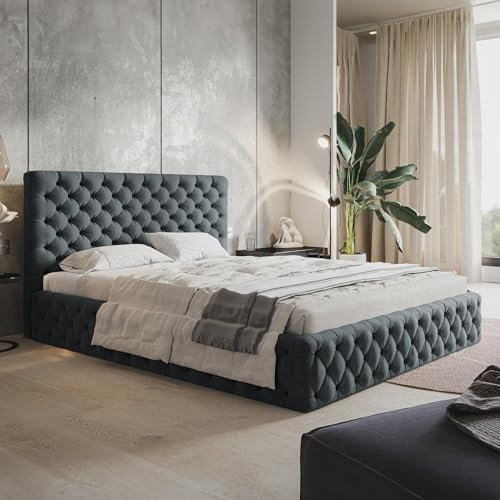 MOTIVENA Dalia Chesterfield Bett 200x200, Chesterfield Polsterbett, Polsterbett 200x200 Samt, mit Bettkasten, mit Stauraum, mit Lattenrost, mit Kopfteil, ohne Matratze, Grau Anthrazit