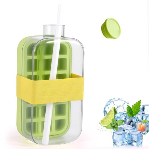 Ice Cube Bottle, 2 en 1 Cubitera con Tapa y Recipiente, Botella de Agua sin Contacto con Cubitera, Fácil de Presionar para Liberar el Hielo, Botella de Hielo para Bebidas, Café (800 ml)
