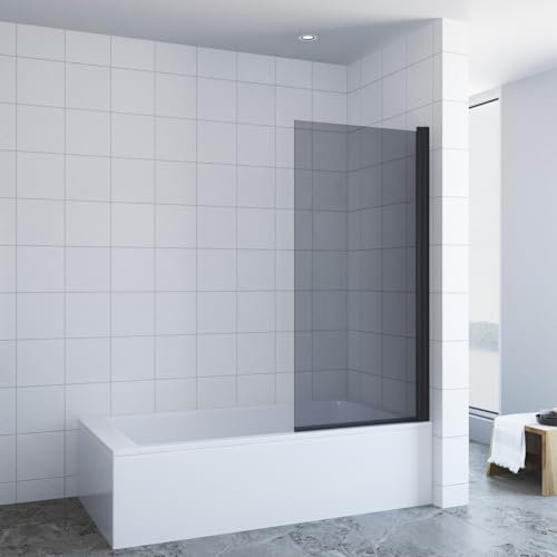 Mampara de ducha para bañera sin agujeros, 70 x 140 cm, cristal de seguridad gris 5 mm, negro mate, perfiles de aluminio mate, accesorio de bañera, 1 pieza, mampara de ducha de cristal, mampara