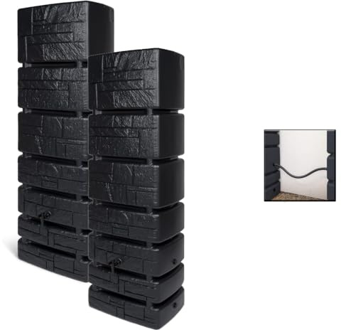 Kreher XXL Regentonne 2er-Set Wassertonne Stein-Optik (350 L, Anthrazit) | Regenwassertank aus Kunststoff, jede Tonne mit Wasserhahn und Verbindungsstück, für die Regenwassersammlung im Garten