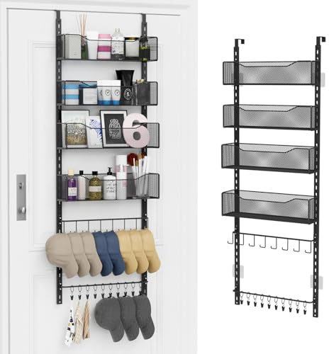 Über-der-Tür-Organizer, 2-in-1-Kleiderschrank-Organizer und Hutablage aus Metall mit 4 Verstellbaren Körben, 8 Haken, 10 Clips, Aufbewahrung hinter der Tür für Schlafzimmer, Badezimmer (Schwarz)