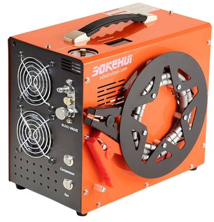 350W PCP Compressor Air Compressor, DC12V AC230V, 4500psi 30Mpa, Auto-Stop Pressure, Built-in Oil-Water Separator Esiccant, with Cooling Fan System, High Pressure Pump, with Winding Disc, UK Plug