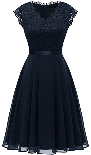 Dressystar Cocktailkleid Damen Elegant Chiffon Konfirmationskleider Abendkleid Kurz Spitzenkleid 2050 Navy M