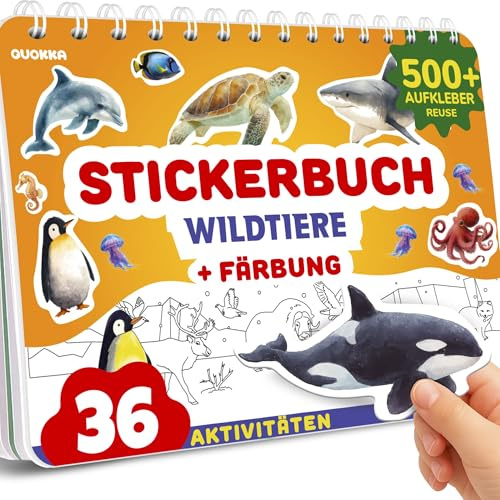 QUOKKA Livre de Stickers pour Enfants 3-5 Ans Animaux Sauvages – Cahier Créatif pour Colorier et Coller avec 500+ Stickers, Scènes Personnalisables, Jeu Calme et Voyages