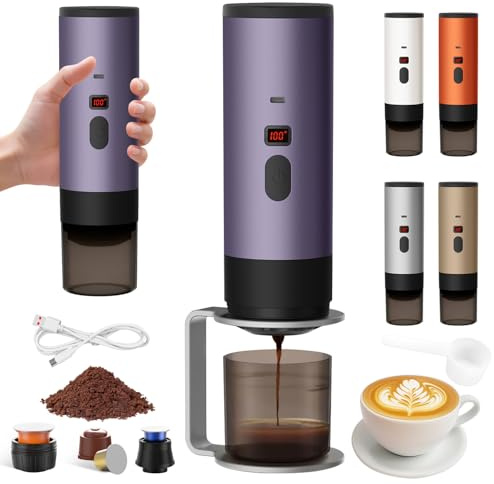 Machine a Cafe Portable avec Support,Compatible avec Cup et Café Moulu | Cafetière Portable 3 en 1,Affichage Intelligent Machine a Cafe Compatible (Violette)