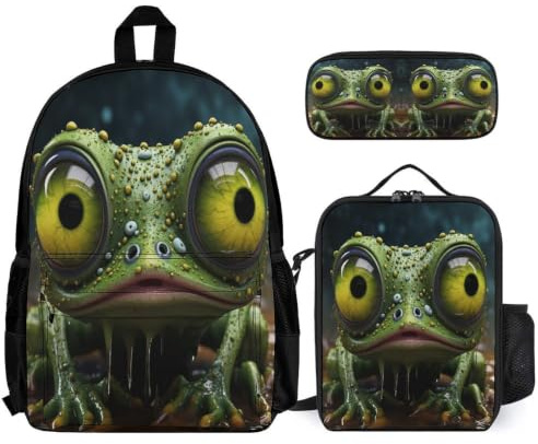 WECECE Kinderrucksack Frosch 3-In-1 Set mit Brotdose und Mäppchen für Kinder 8-10 Jahre Schulrucksack Hässlich Schulranzen Bundle Klasse 5 für Schüler Schule Outdoor Reisen