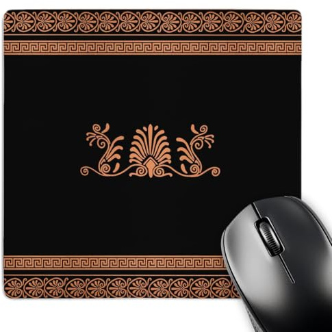 3dRose mp_56708_1 8 x 8 Orange and Black Ancient Greek Decorative Spirals and Palm Leaves - Traditional Grecian Key Mouse Pad
