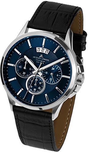 JACQUES LEMANS Herrenuhr Sydney Lederarmband massiv Edelstahl Chronograph 1-1542G