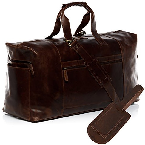 SID & VAIN Reisetasche mit Adressanhänger Bristol aus Premium Leder I Sporttasche XXL groß für Herren I Weekender Kabinengröße braun handgefertigt